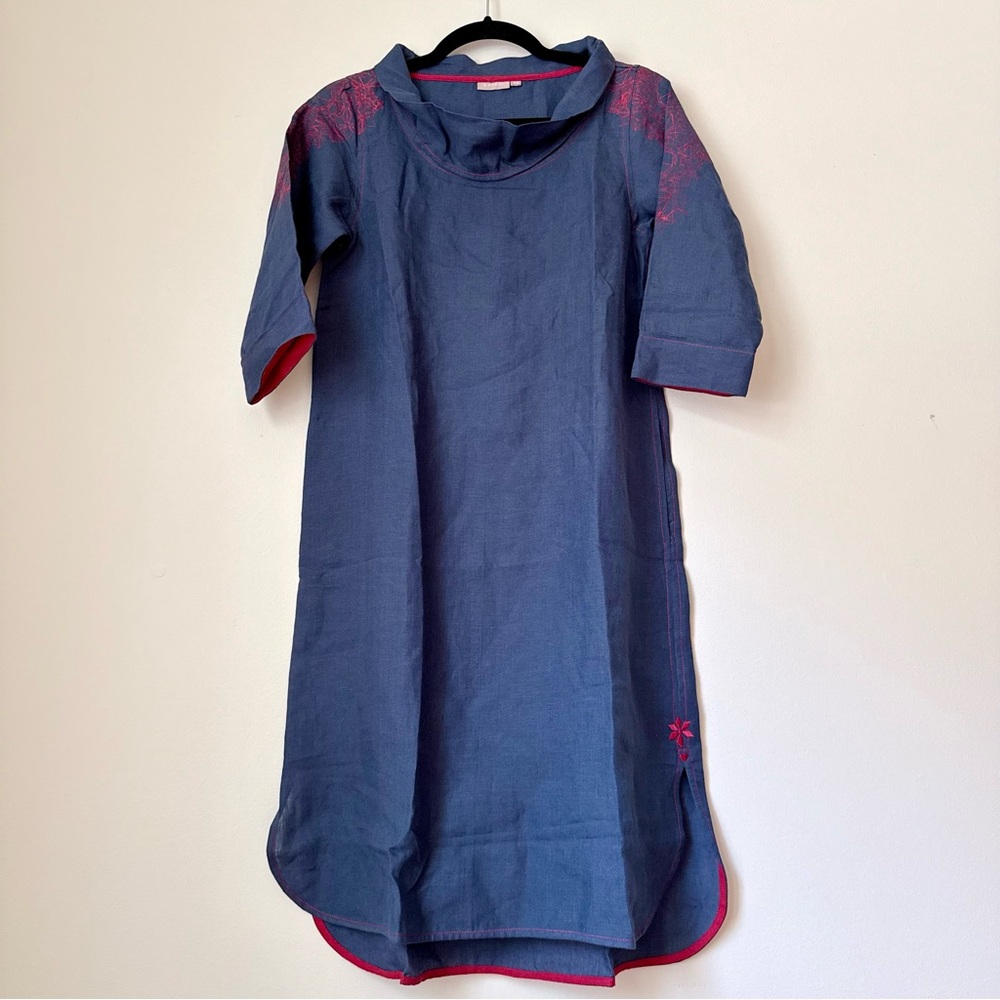 NWOT Kaveri Embroidered and Block Printed 100% Linen Indigo Dress, size XS